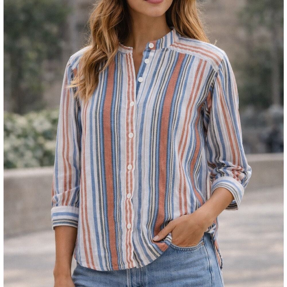Veronica Beard Jeans Striped Cotton Blouse Blue Salmon XS